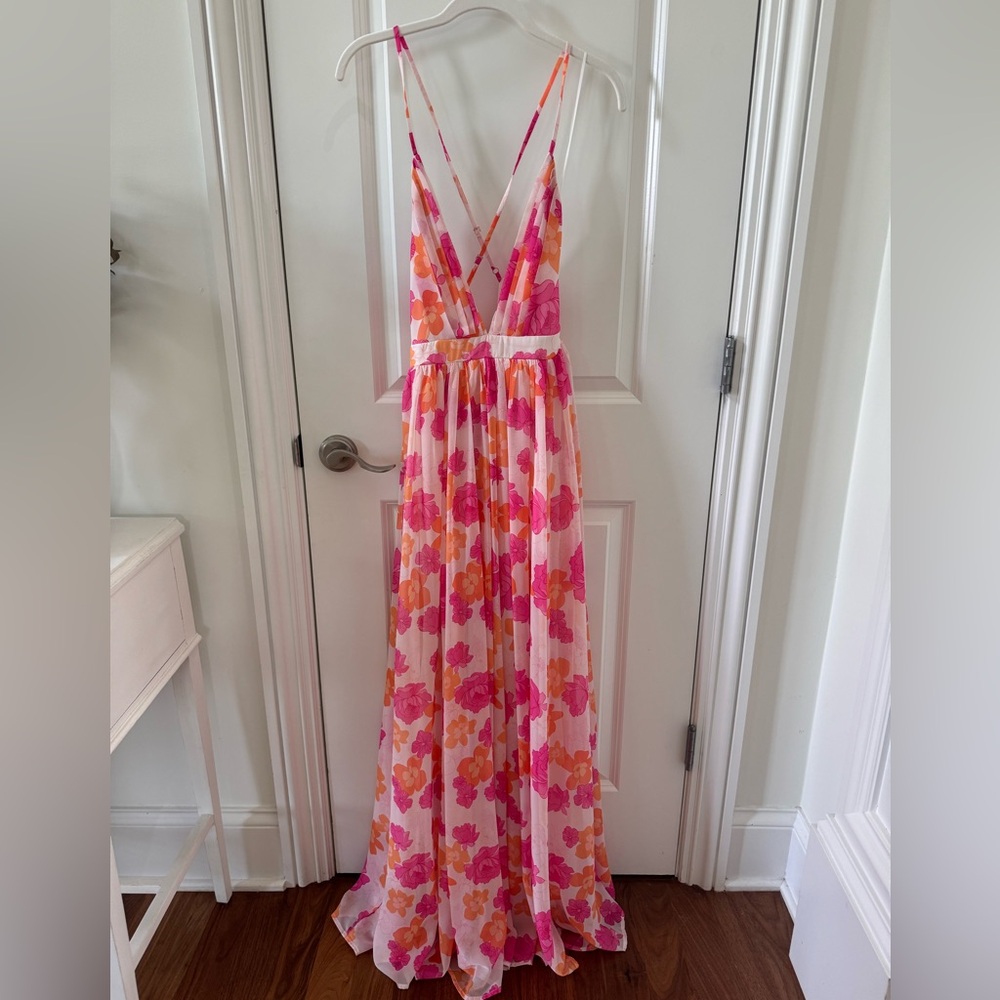 Pink Lily Maxi Tropical Print Pink and Orange Dress Size Small